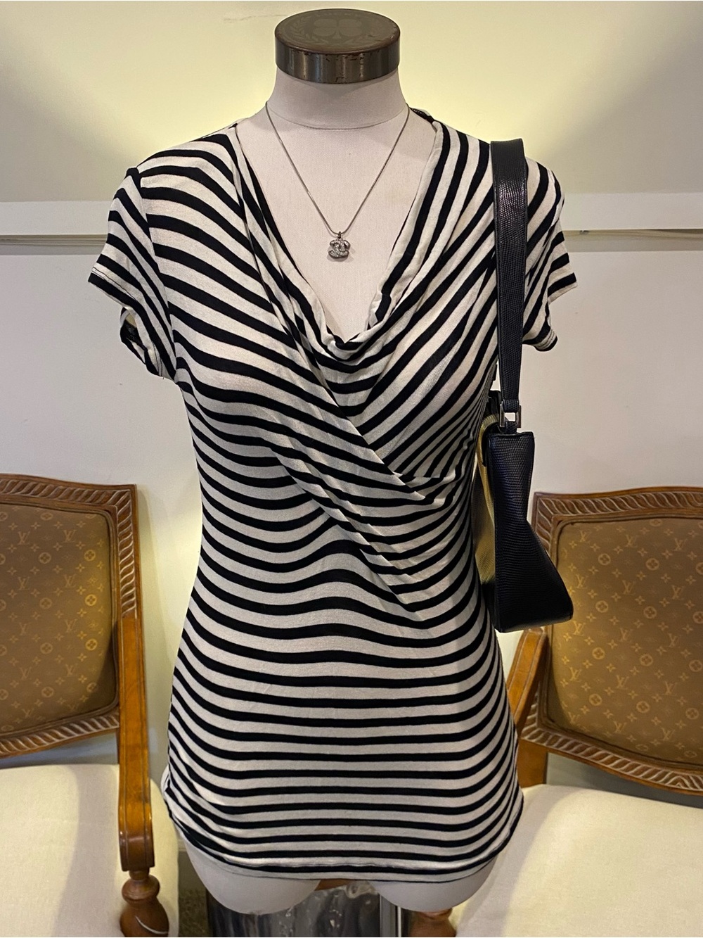 CAbi Black & White Striped Draped V-Neck Tee Rayon-Blend Size S